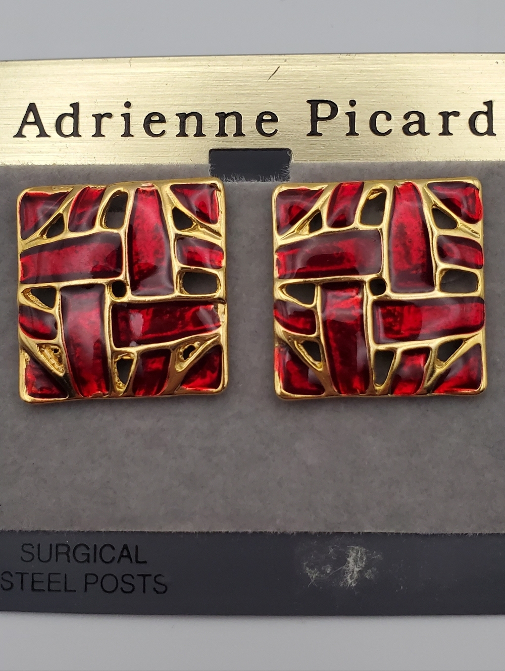Vintage Red Enamel Gold-Tone Square Stud Earrings Art Deco Woven Design 80s